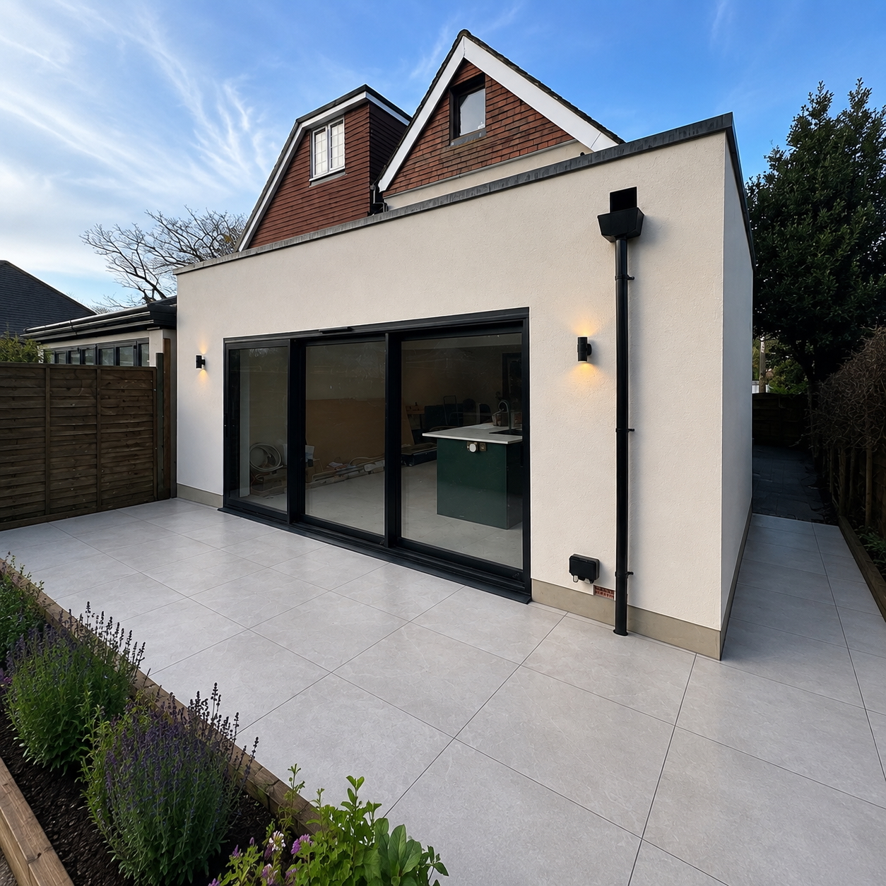 Completed contemporary rendered rear extension with dark-framed glazing and paved terrace