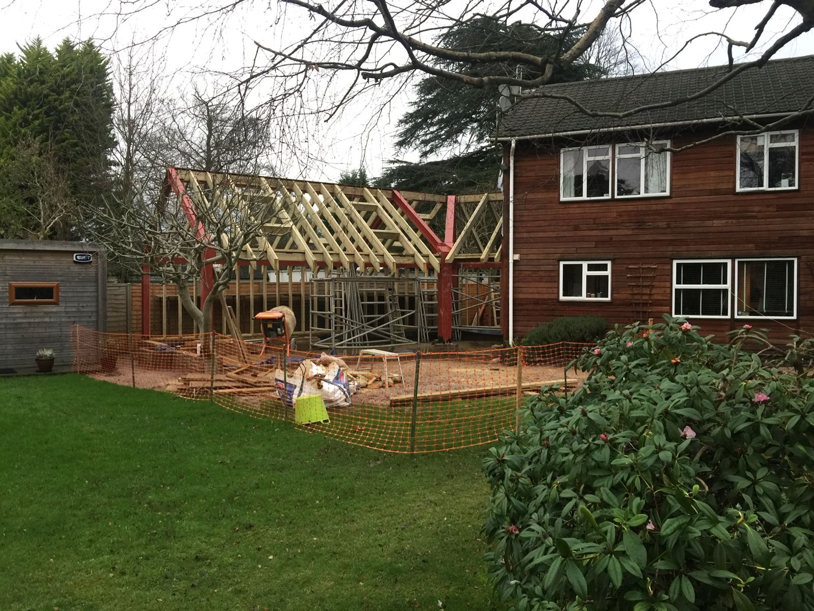 Timber frame and roof structure of the rear extension during construction