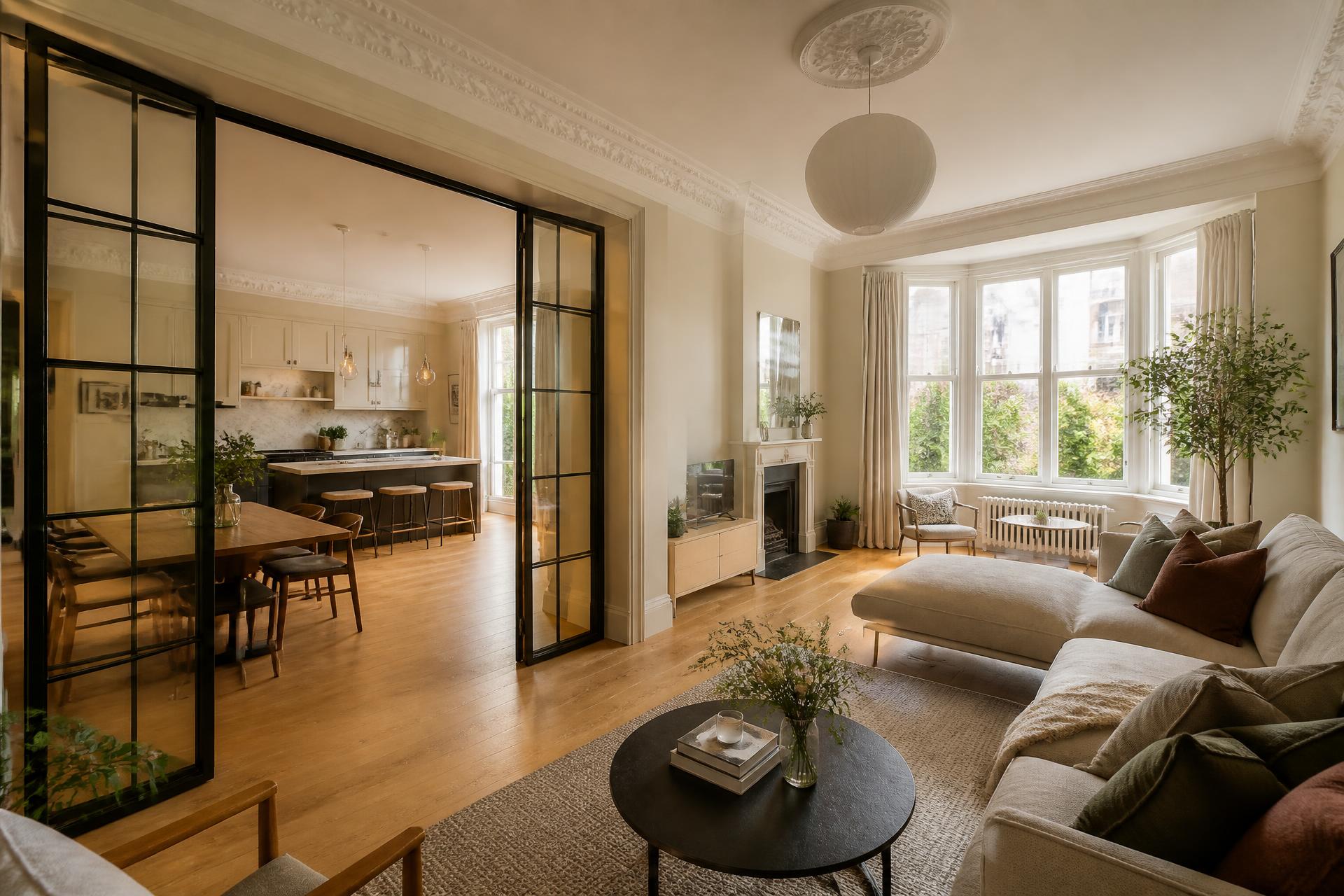 Renovated open-plan living and dining space in a residential property